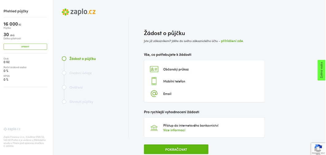 Zaplo - Žádost o půjčku, screen obrazovky společnosti Zaplo