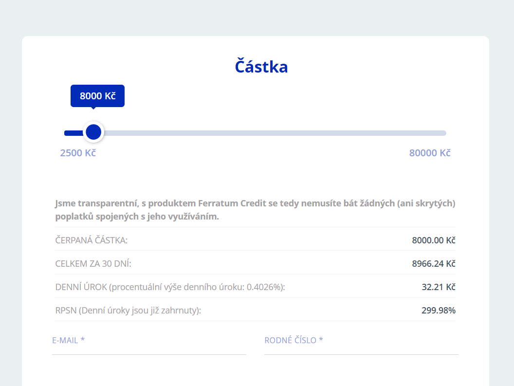 Ferratum - Žádost o půjčku, snímek obrazovky společnosti Ferratum