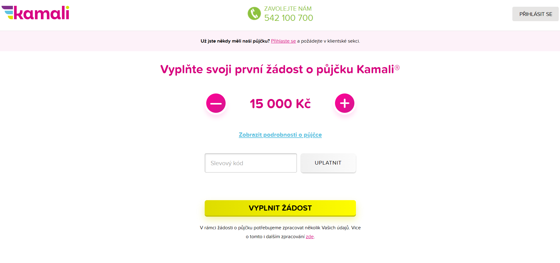 Kamali - Žádost o půjčku, screen obrazovky společnosti Kamali