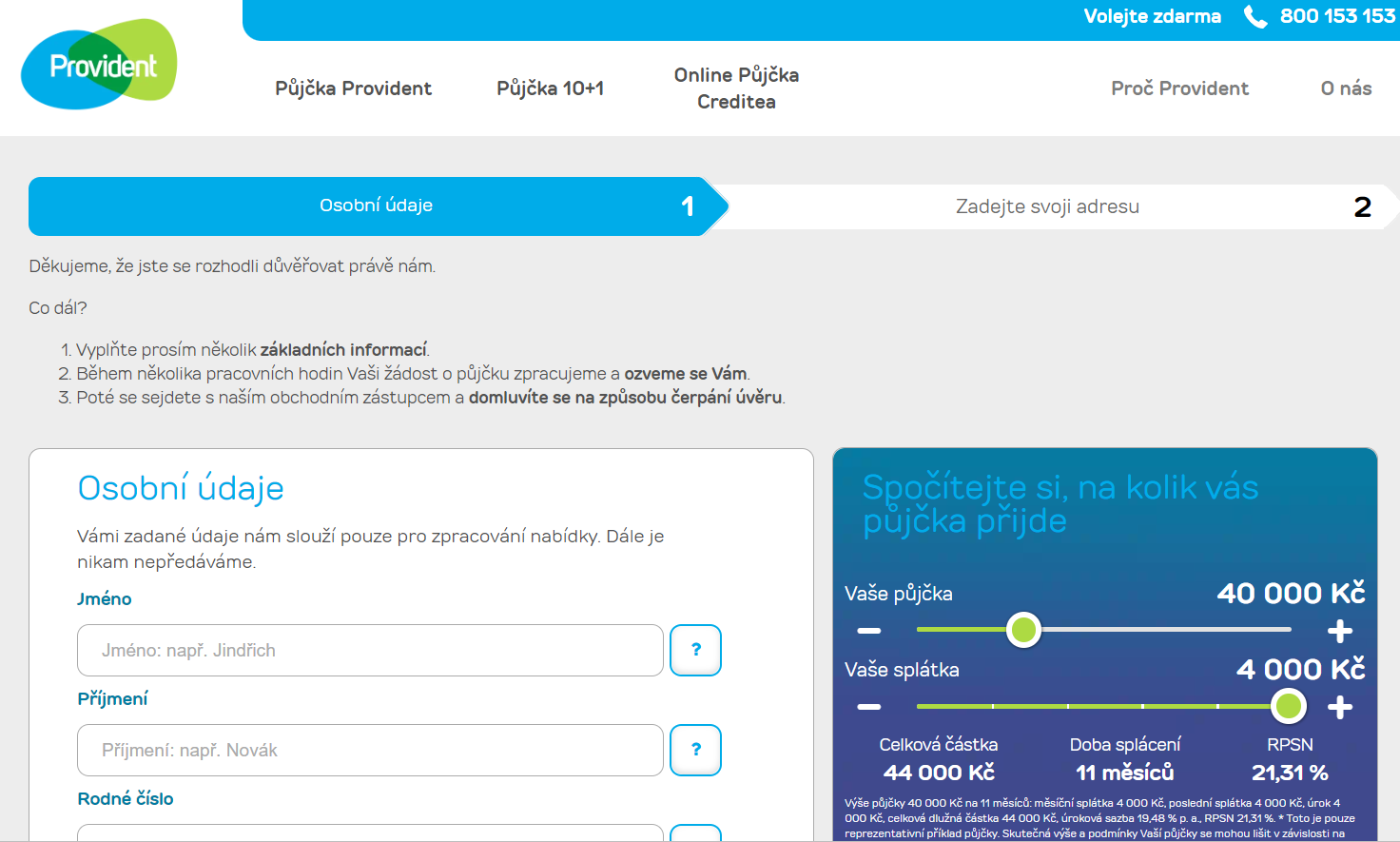Provident - Žádost o půjčku, snímek obrazovky společnosti Provident