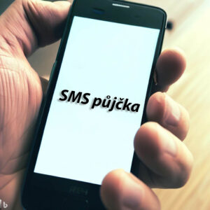 Obrázek mobilního telefonu s obrazovkou zobrazující text “Sms půjčka první zdarma”