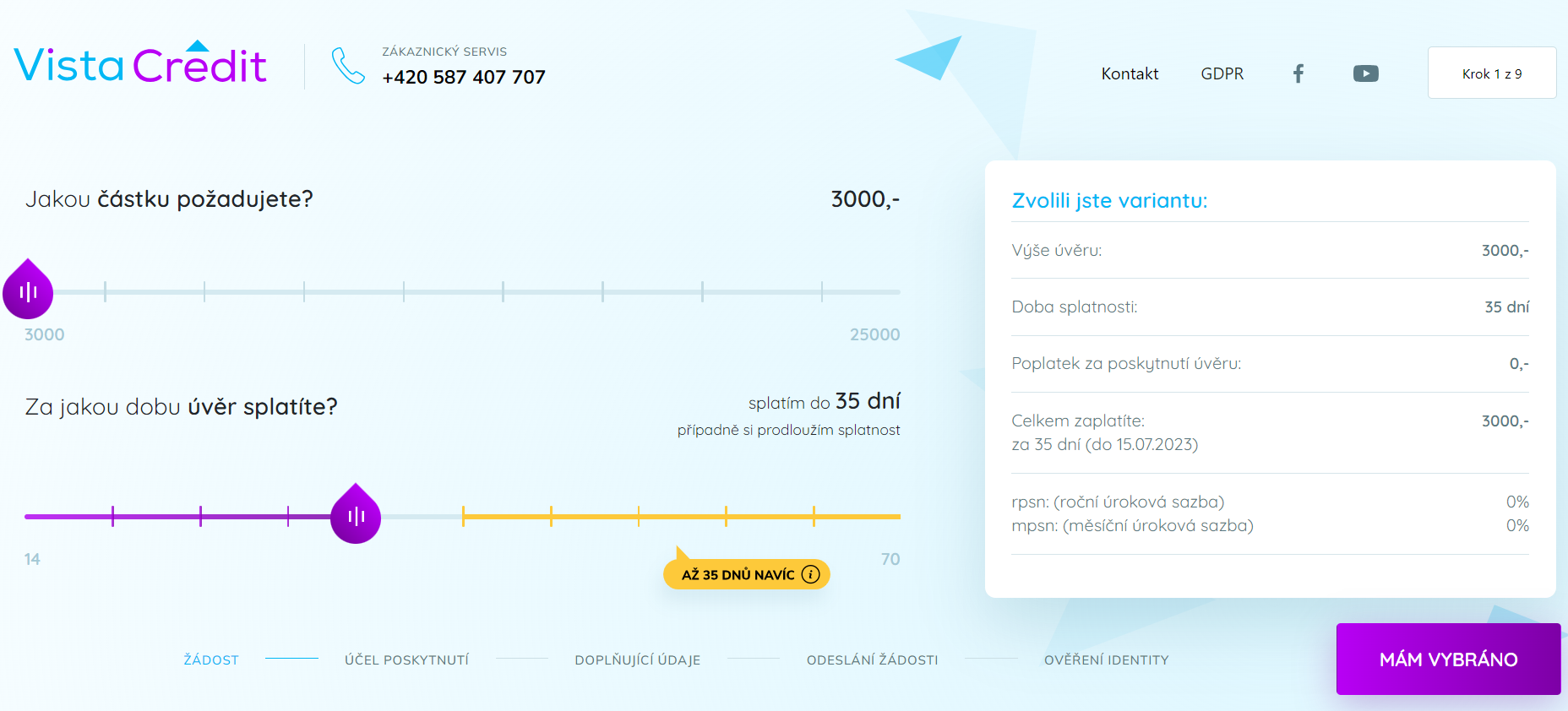 Vistacredit - Žádost o půjčku se základními údaji, screen obrazovky společnosti Vistacredit.